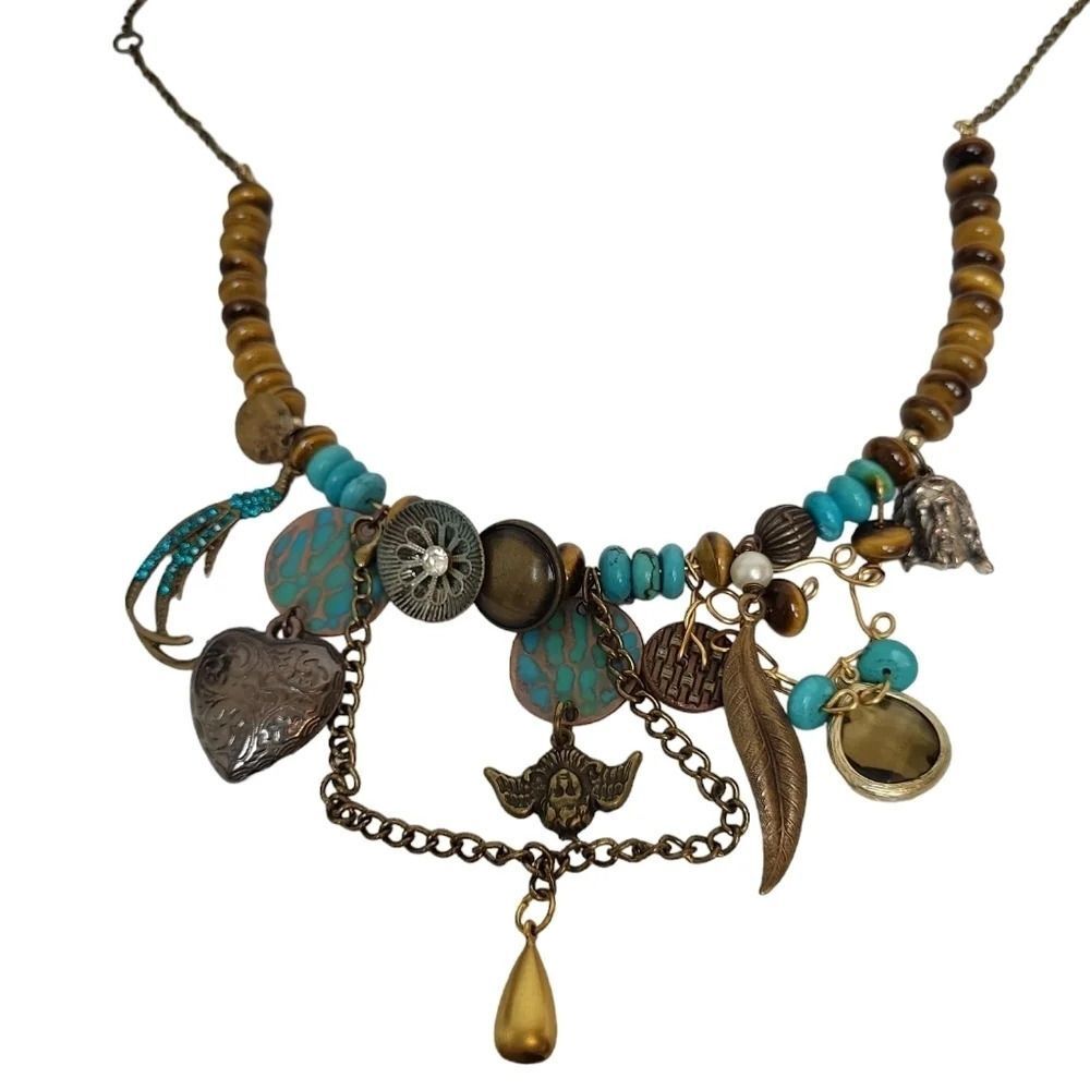 Steampunk Tigers Eye Turquoise Disc Hammered Necklace